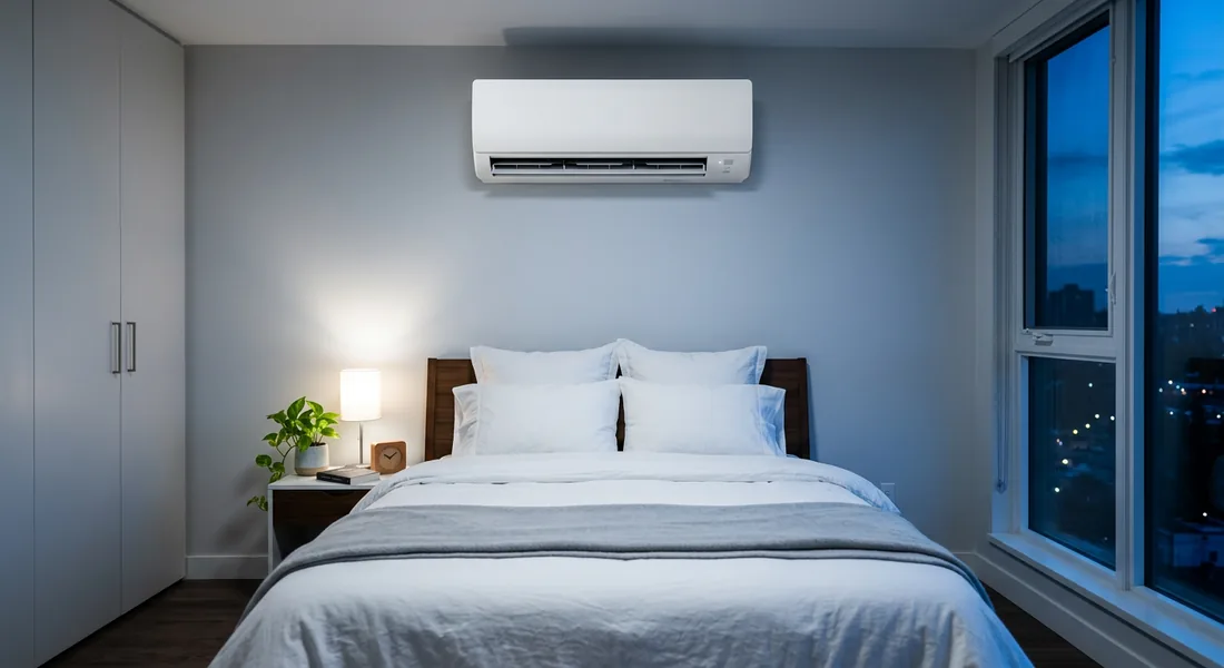 Wall-mounted split air conditioning unit in a modern Leicester bedroom