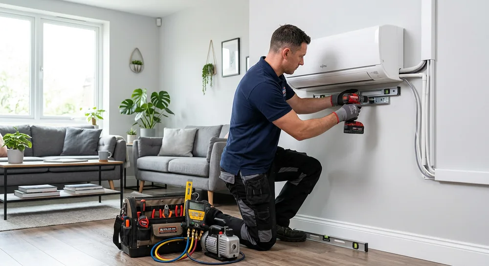 Engineer fitting a wall-mounted air conditioning unit