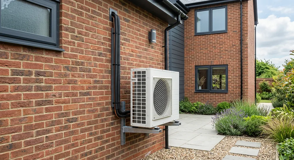 Outdoor heat pump condenser unit on a wall bracket